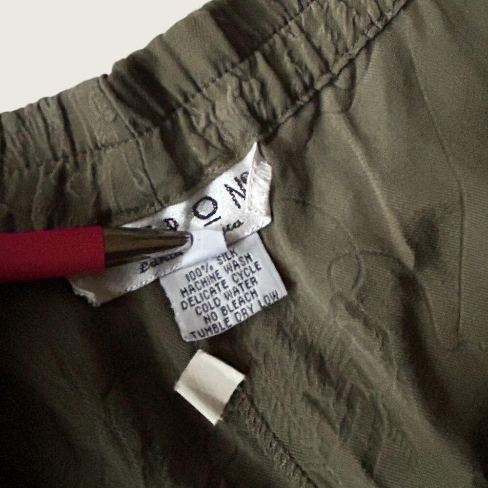Citron Santa Monica 100% Silk Olive Green Pants Women Relaxed Embroidered Large - Picture 7 of 8